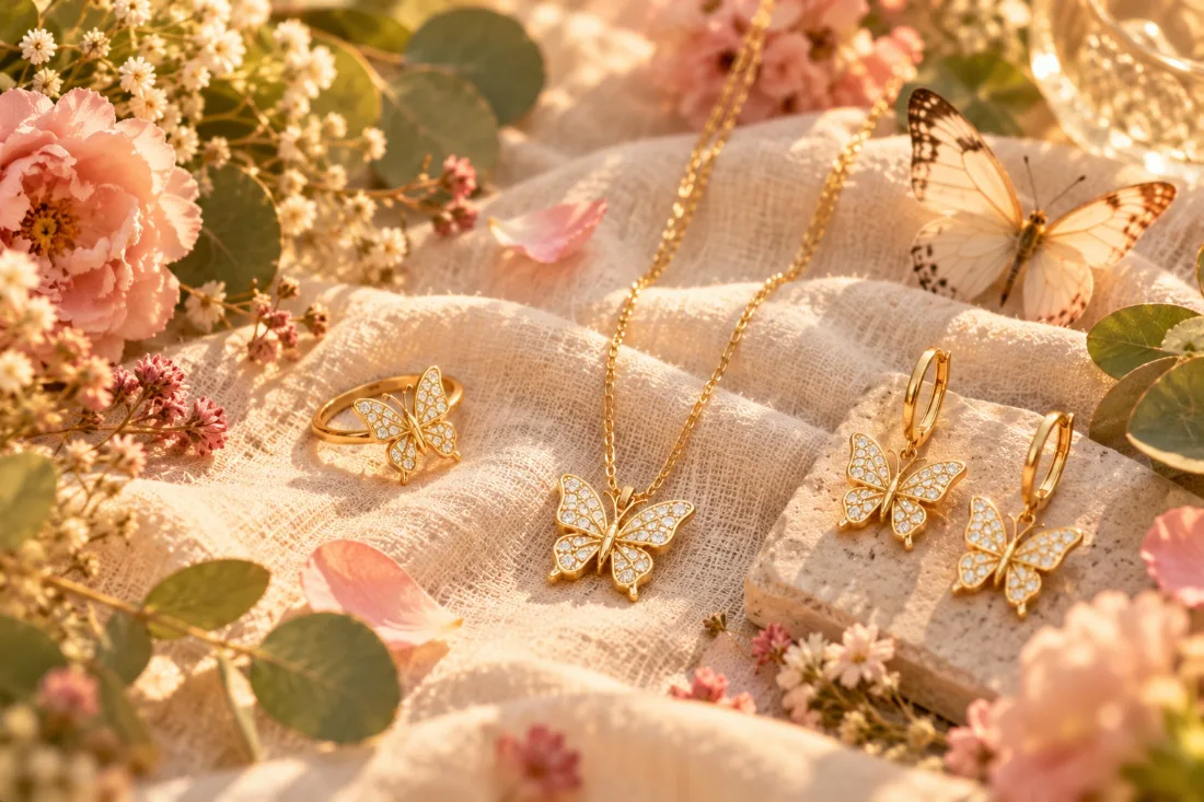 Bijoux papillon dorés posés sur du lin parmi des fleurs