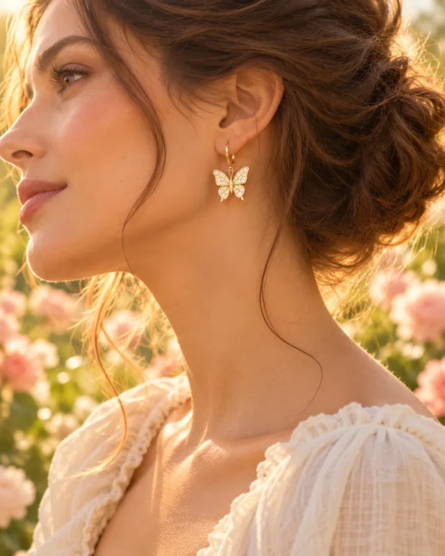 Boucle d’oreille pendante papillon dorée