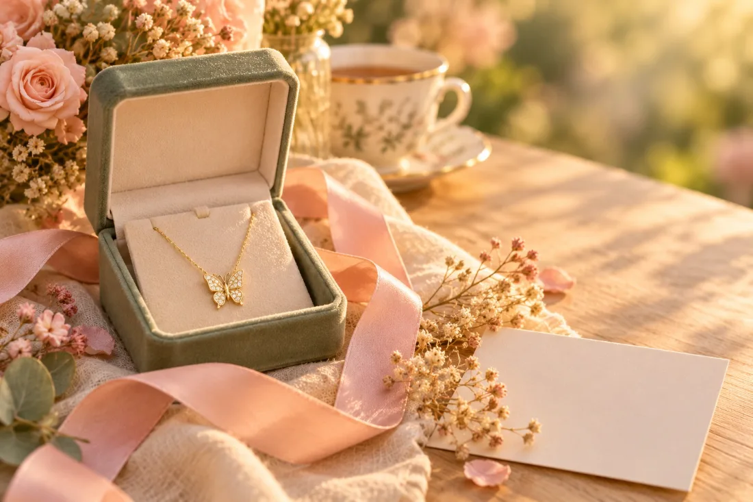 Collier papillon doré présenté comme cadeau avec un ruban rose